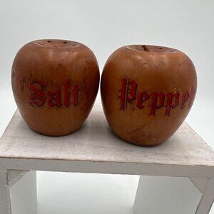 Wooden Salt and Pepper Shakers Apple shape red lettering